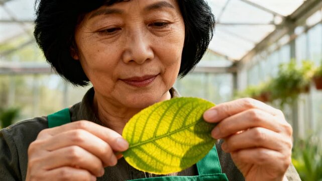 Senior gardener grasping leaf in greenhouse, rotating leaf, inspecting veins and checking health