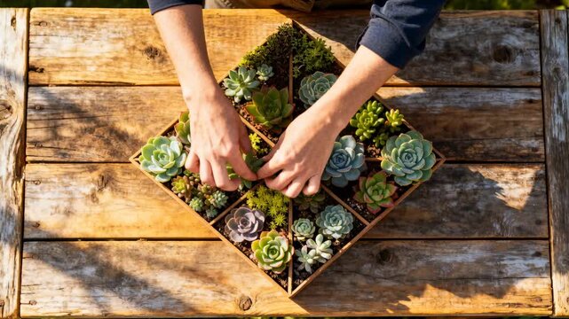 Planter with hovering hands starting arranging, hands lifting plants into center to improve balance