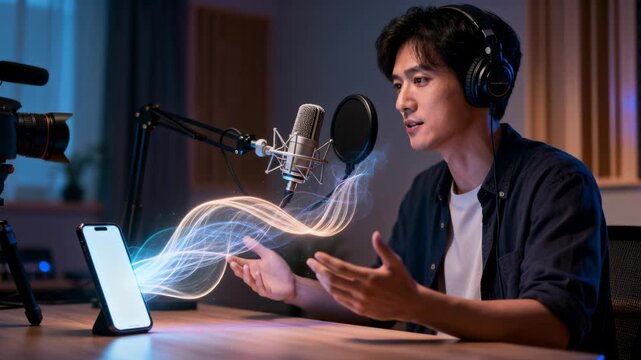 Recording host dark-shirt headset reacting to phone audio ribbon in studio, speaking into cond mic