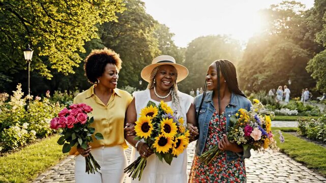 Joyful three generations of Black women with flowers in park