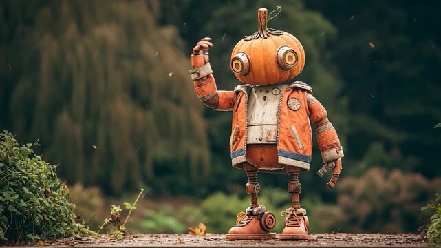 Robot character with a pumpkin head stands on a path surrounded by plants and trees during an autumn day