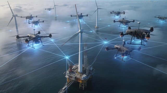 Monitoring drone swarm activating blue mesh and scanning offshore platform and turbines for checks