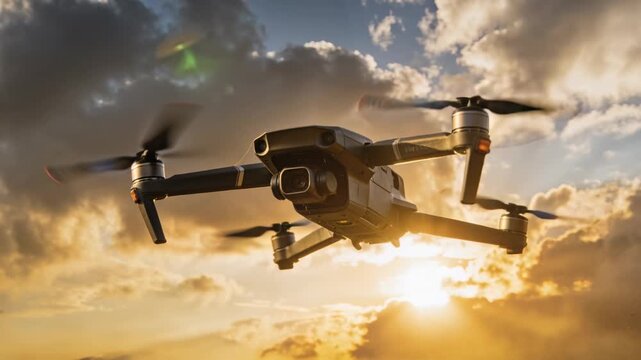 Flying quadcopter moving closer lowering pitch at sunset, showing gimbal camera and spinning props