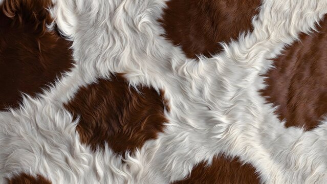 Seamless brown and white spotted fur texture. Rustic animal skin pattern and livestock hide background. Close up of fluffy cattle hair for organic textile and fashion design.