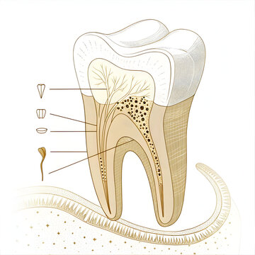 Dental anatomy illustration showing tooth structure, nerves, and roots in a detailed design
