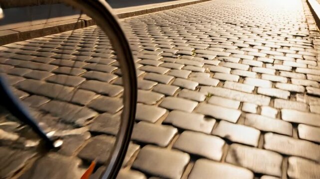 Cyclist pressing pedal, propelling bike forward over cobbles, sunlight glinting on spokes, urban