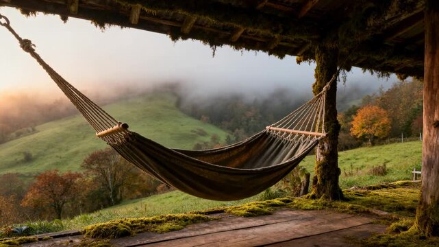 Swaying brown hammock between mossy posts on thatched porch, breeze causing sway and fog thinning