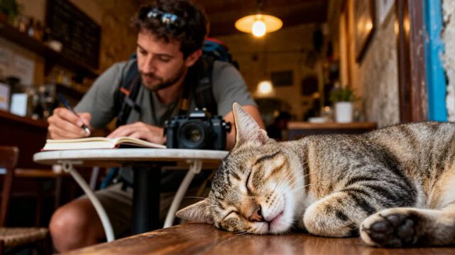Man leaning forward, noting travel in cafe beside camera while tabby cat sleeping on wooden table