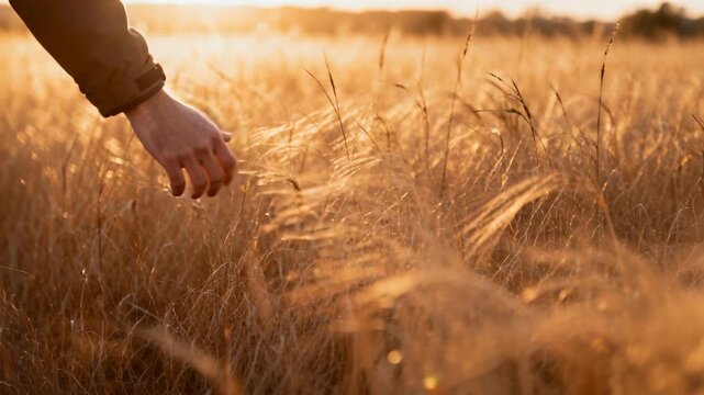 Reaching forearm in dark jacket cuff brushing through sunlit wheat field, feeling heads, copy space