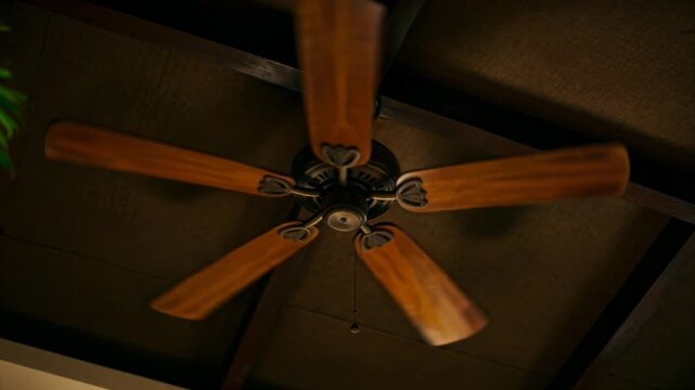 Spinning ceiling fan with five wooden blades, motor powering rotation at home, pull chain, plant