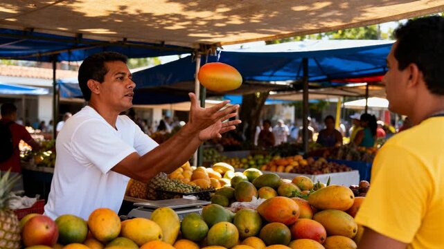 Male vendor leaning and tossing mango after customer request at market, inspecting quality