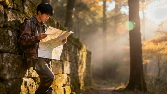 Pausing hiker by mossy wall consulting map on trail, finding route, in brown jacket with backpack