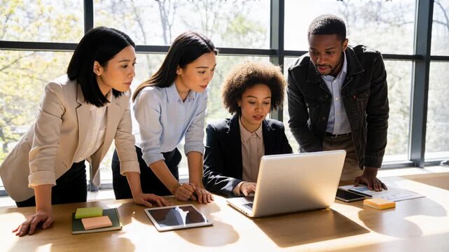 Seated woman typing on silver laptop, team pointing, showing animated chart overlay for business