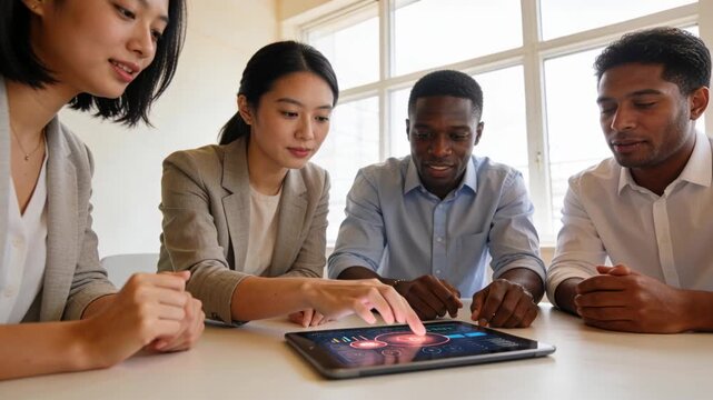 Vertical video: Tablet tap starting four-person team leaning pointing swiping observing dashboard