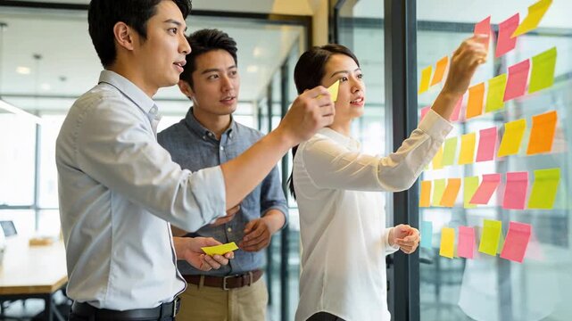 Starting team in business casual placing sticky notes on glass partition planning tasks