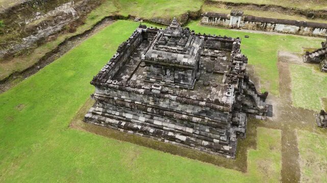 Candi Kedulan temple archeological site drone footage.