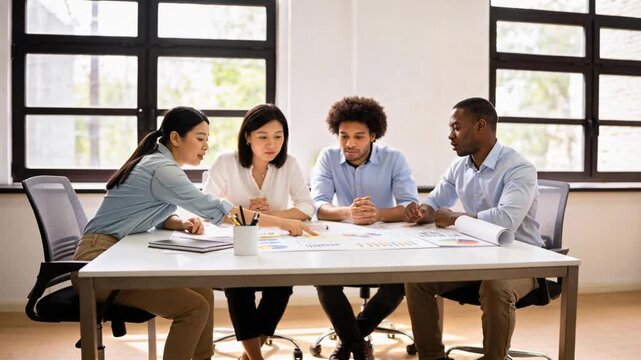 Left woman leaning forward and gesturing, design team focusing on printed charts and refining plan