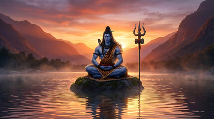 Serene blue hindu deity meditating peacefully on wet rock in calm lake water at sunrise honoring mahadev for holy maha shivratri and bright maha shomvar © techgiant