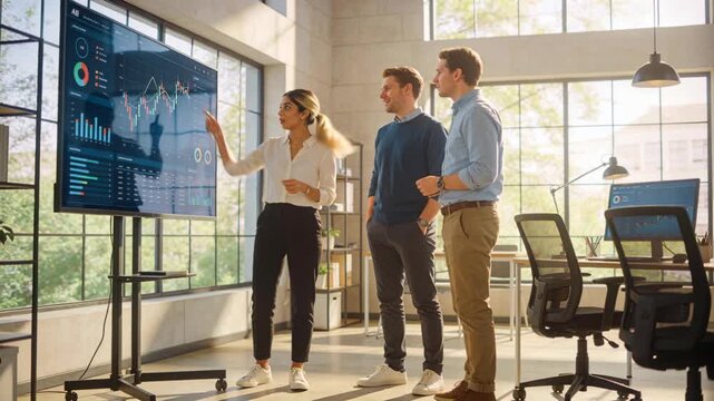 Vertical video: Presenter pointing at line graph guiding team through finance charts showing trends