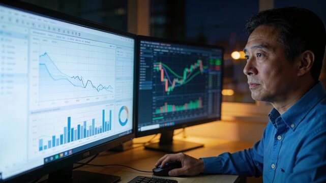 Vertical video: Trader at desk placing hand on mouse moving and watching falling candlestick charts