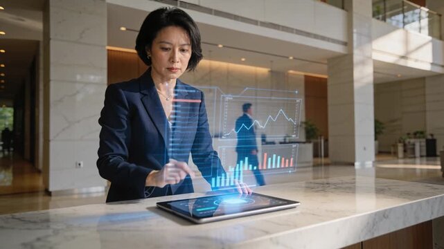 Placing hand on tablet, navy suit manager tapping hologram at marble lobby counter, refining charts
