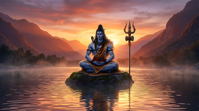 Serene blue hindu deity meditating peacefully on wet rock in calm lake water at sunrise honoring mahadev for holy maha shivratri and bright maha shomvar