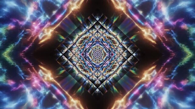 Abstract multicolored neon geometric kaleidoscope glows in rainbow hues against a black background.