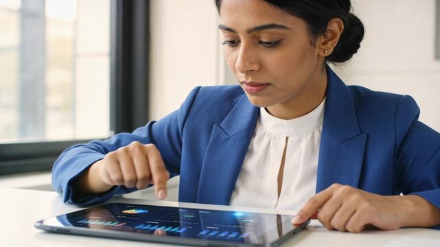 Vertical video: Pressing control, woman in blue blazer dragging tablet UI at desk updating charts
