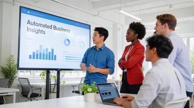 Presenter pointing at charts after peer typing, causing animated charts to reveal business data