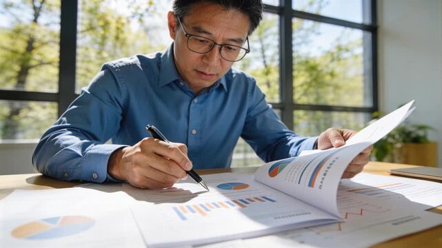 Vertical video: Finance analyst picking up pen, flipping reports, marking bar charts analyzing data