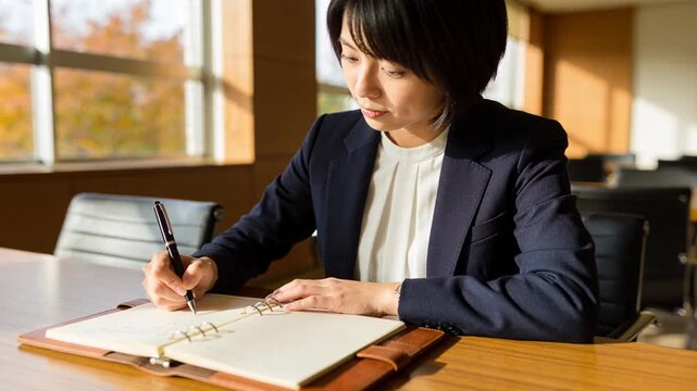 Woman leaning forward, starting planner notes in office, glancing out window then resuming planning
