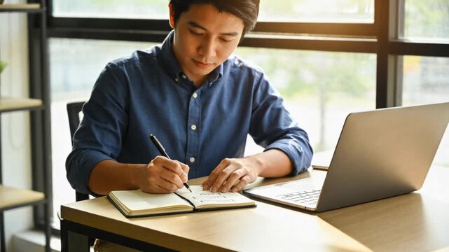 Man sitting by window glancing at laptop then lowering pen and writing in notebook for business