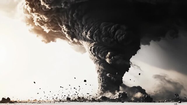 Dark tornado cloud with debris on the ground in a natural disaster scene