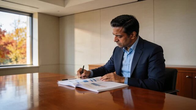 Male executive opening report, flipping pages, inspecting blue charts and annotating for business