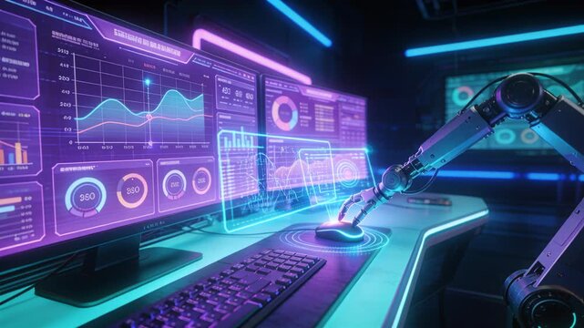 Robotic arm lifting toward mouse pad, glowing ripple starting holo controls updating analytics