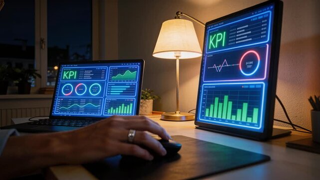 Analyst hand moving mouse, updating business dashboards with charts and gauges, monitoring growth