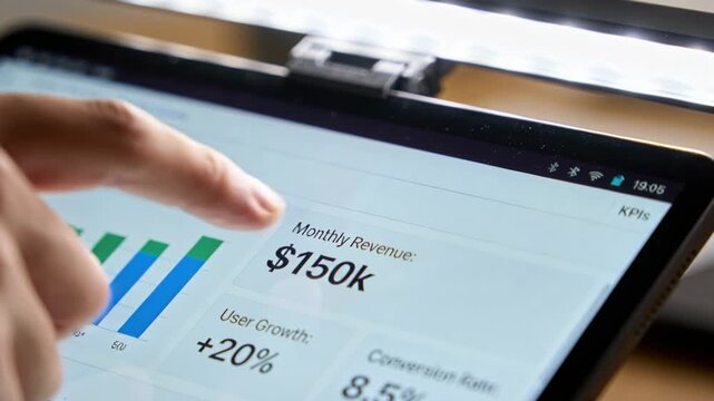 Business analyst tapping bar chart and moving to Monthly Revenue $150k with KPI tiles highlighting