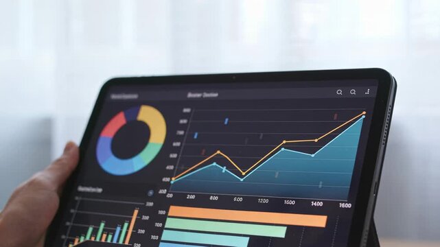 Pointing hand entering from left, checking rising trend on tablet at desk, holding folio case
