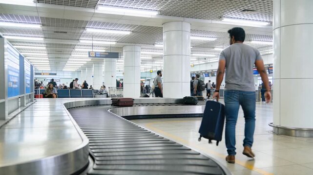 Man checking watch, moving as blue suitcase reaching belt front, pulling it and leaving airport