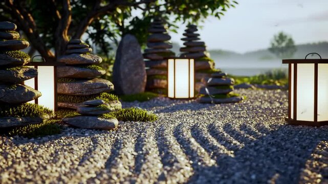 Zen garden with stone towers, lanterns, and gravel patterns for relaxation.