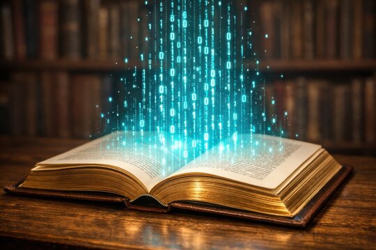 Data Stream from Literary Source: An open book on a wooden surface, serving as the origin of data stream.