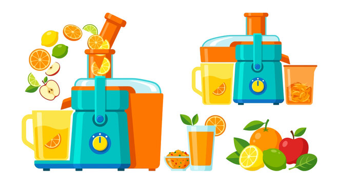 Colorful illustration of a modern electric juicer with fresh fruits