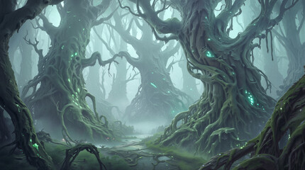 Naklejka premium Twisted trees with glowing green spots in a misty fantasy forest. Enchanted woodland scene with gnarled roots and thick fog.