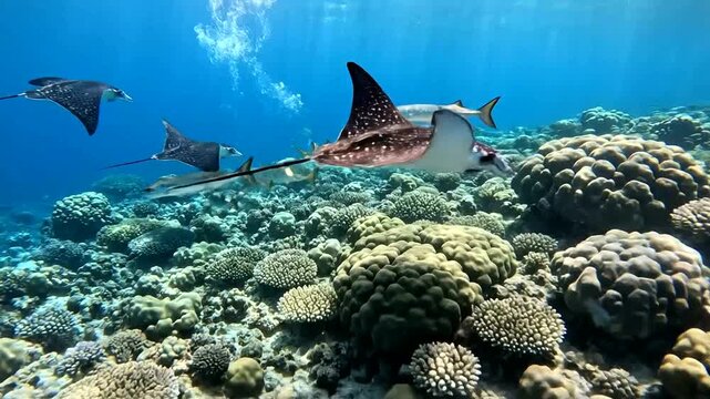 Marine life with eagle ray swimming over coral reef.
