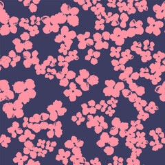Naklejka premium A seamless vector pattern with tiny hand-painted floral blooms in soft coral on deep indigo background
