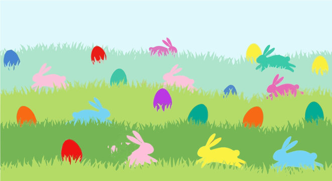Easter bunnies and colorful eggs hidden in green spring grass field vector illustration
