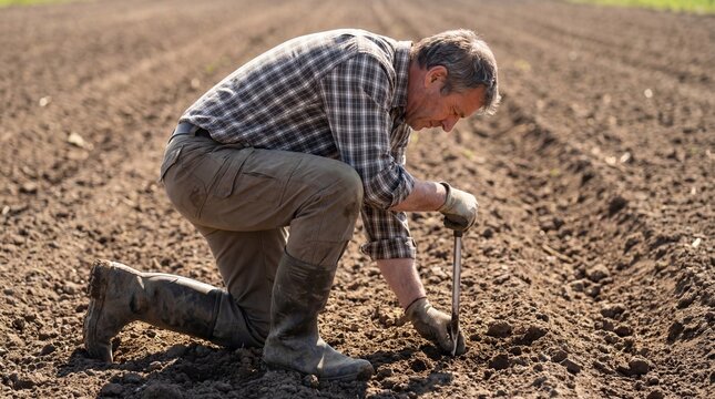 Male farmer kneeling and testing soil quality in field  