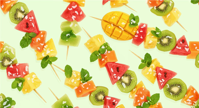 Colorful fruit skewers pattern with watermelon kiwi mango and mint healthy snack vector illustration
