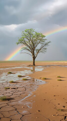 Fototapeta premium Solitary tree standing in desert landscape after rain. Rainbow appearing behind green tree on parched cracked earth.