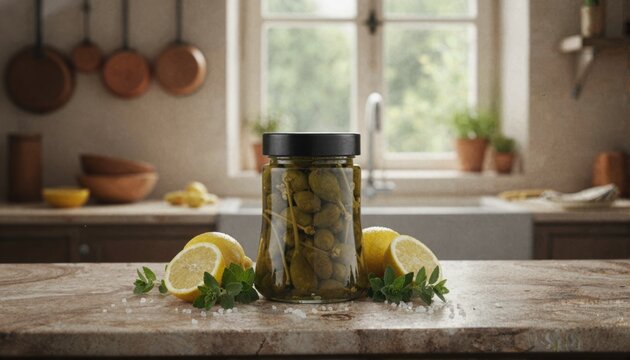Caper berries jar on rustic Italian kitchen counter